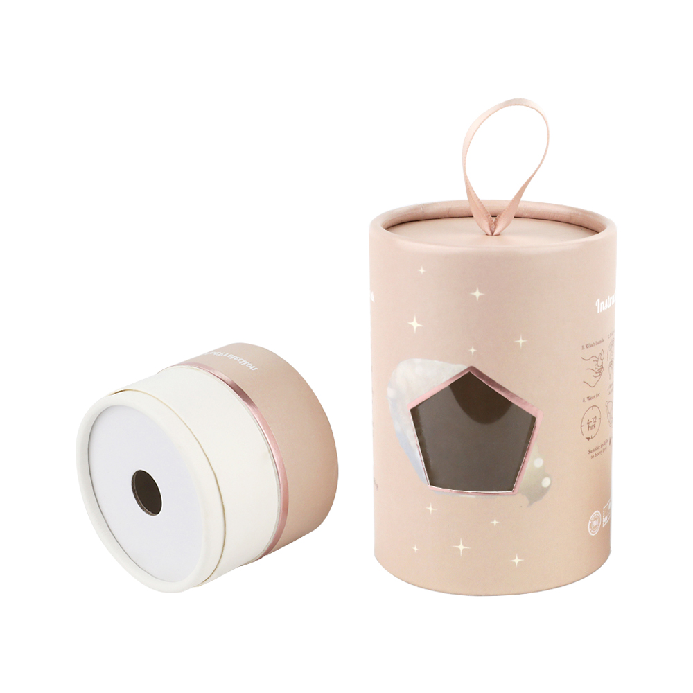 Розовая круглая коробка для упаковки цилиндра из бумажной трубки для менструальной чаши с прозрачным окном  