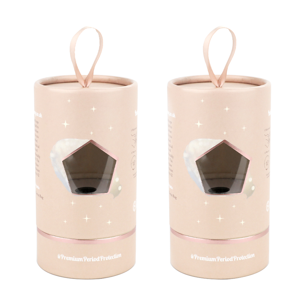 Розовая круглая коробка для упаковки цилиндра из бумажной трубки для менструальной чаши с прозрачным окном  