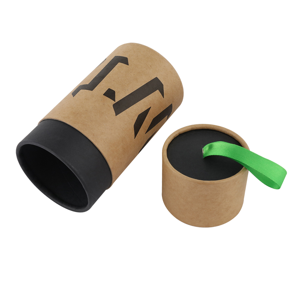 Confezione in tubo di carta kraft con manico in seta, scatole cilindriche in cartone marrone naturale  