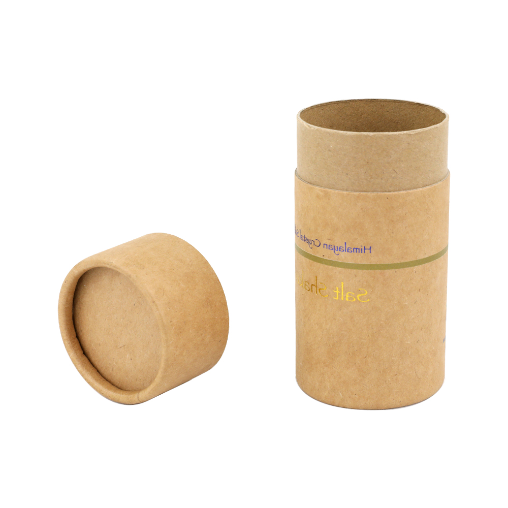 Embalagem de tubo de papel kraft marrom natural para saleiro com logotipo de estampagem de folha quente de ouro  