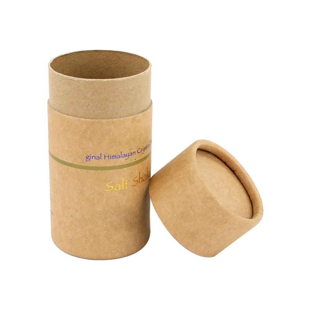 Natürliche braune Kraftpapierröhrenverpackung für Salzstreuer mit Gold-Heißfolienprägungslogo  