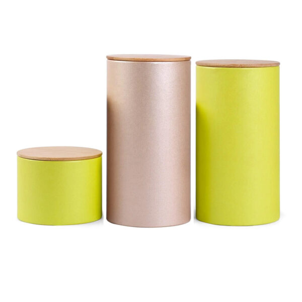 Cajas redondas de cartón con impresión personalizada y tapas de madera natural